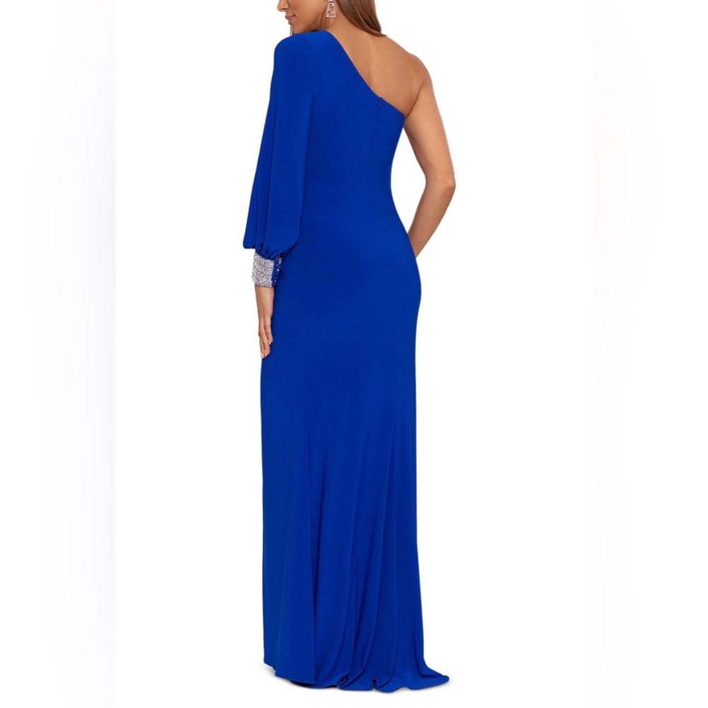 Betsy & Adam Royal Blue One-Shoulder Evening Gown with Side Slit- NWT - Picture 2 of 6